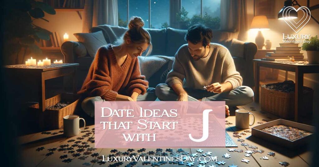 Date Ideas that Start with J: Couple enjoying a jigsaw puzzle night at home with a nearly completed puzzle | Luxury Valentine's Day
