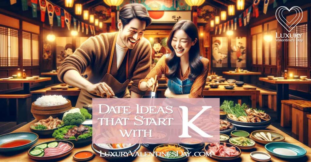 Date Ideas that Start with K: Couple enjoying a vibrant Korean BBQ night, cooking together at the table | Luxury Valentine's Day