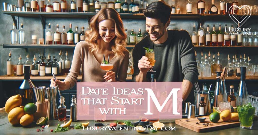 Date Ideas that Start with M: Couple learning cocktail-making in a vibrant mixology class | Luxury Valentine's Day