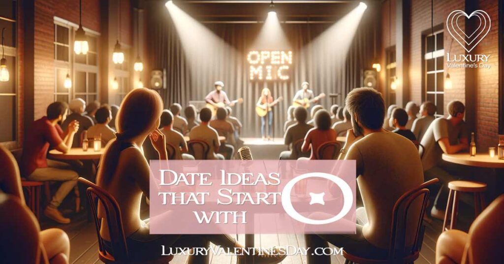Date Ideas that Start with O: Couple enjoying a lively open mic night at a cozy café, immersed in local talent | Luxury Valentine's Day