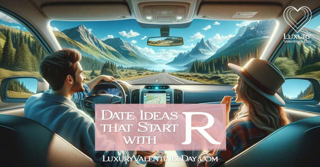 Date Ideas that Start with R: Couple on a scenic road trip, driving through diverse landscapes with windows down | Luxury Valentine's Day