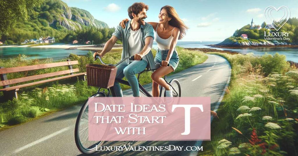 Date Ideas that Start with T: Joyful couple riding a tandem bicycle on a scenic path surrounded by nature | Luxury Valentine's Day