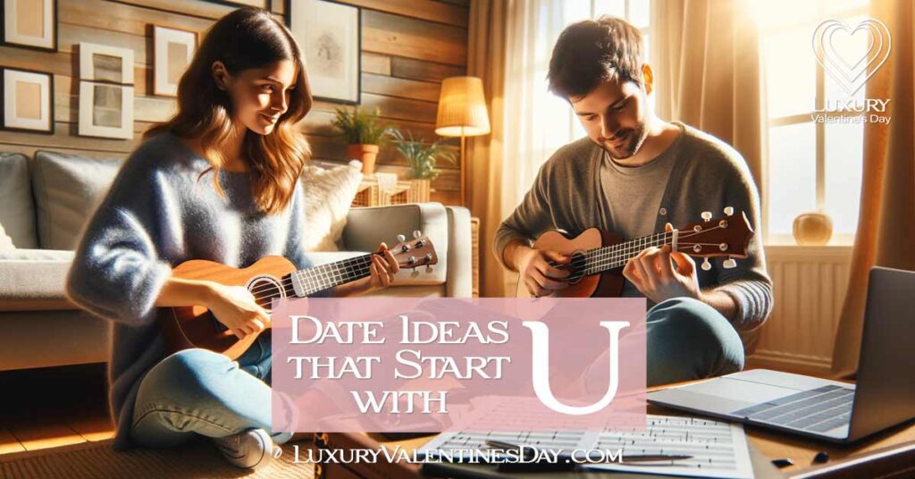 Date Ideas that Start with U: Couple learning to play the ukulele together in a cozy, sunlit room | Luxury Valentine's Day