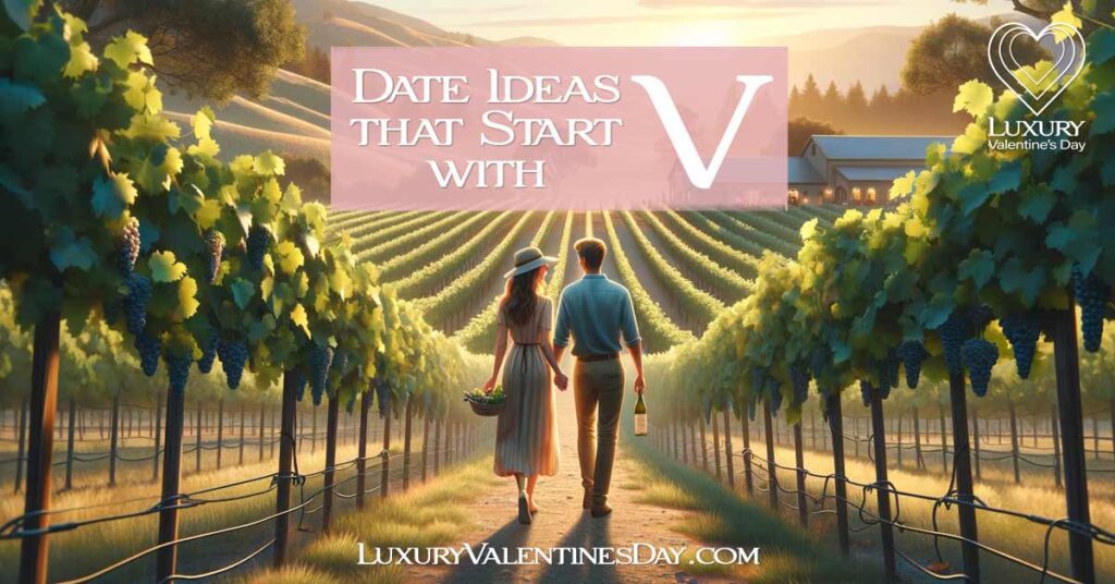 Date Ideas that Start with V: Romantic vineyard tour with a couple walking through grapevines under the afternoon sun | Luxury Valentine's Day