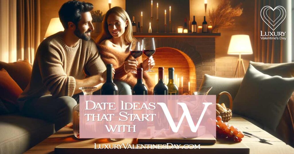 Date Ideas that Start with W: Couple enjoying a cozy wine tasting at home with a selection of wines and cheeses | Luxury Valentine's Day