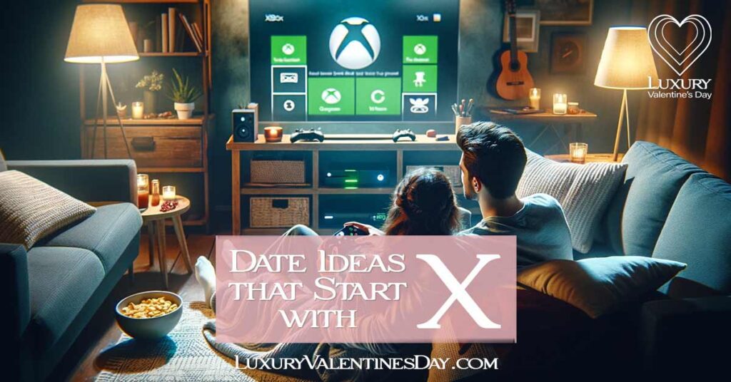 Date Ideas that Start with X: Couple enjoying a cozy Xbox gaming night, bonding over shared interests in their living room | Luxury Valentine's Day