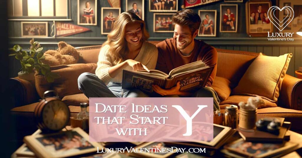 Date Ideas that Start with Y: Couple sharing nostalgic moments, flipping through yearbooks on a cozy couch | Luxury Valentine's Day