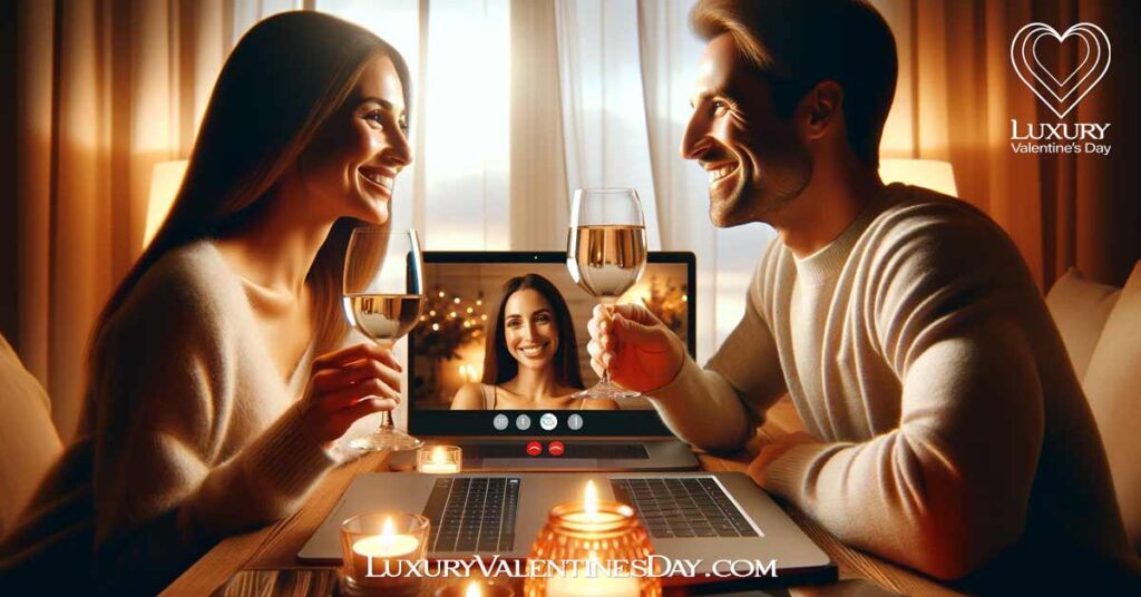 Digital Platforms For Virtual Dates: A couple enjoying a virtual date with a toast over a video call, surrounded by a romantic setting with candles. | Luxury Valentine's Day