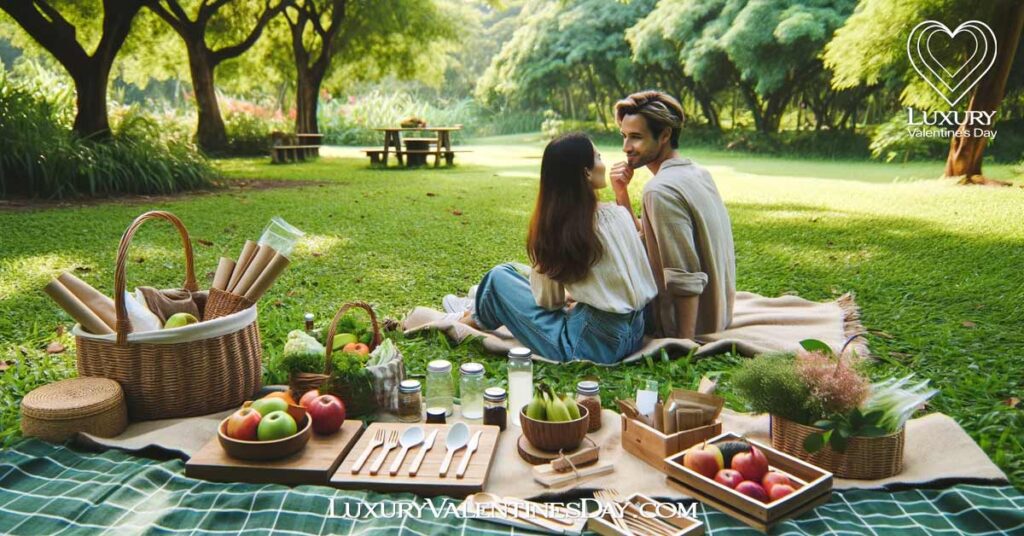 Eco Friendly Date Ideas: Eco-friendly picnic with organic fruits and reusable utensils in a park | Luxury Valentine's Day