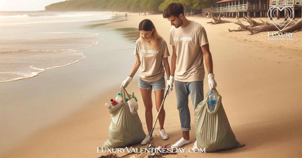 Eco Friendly Volunteering Date Ideas: Couple participating in a beach clean-up with reusable bags | Luxury Valentine's Day