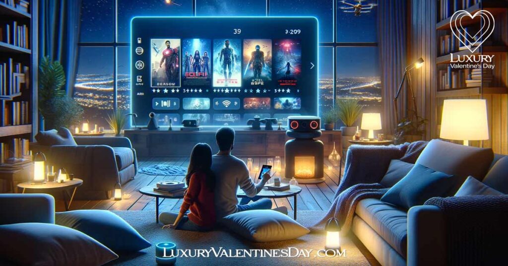 Elevating Valentine's Day with Tech Themed Date Ideas: Couple setting up a home theater with tech gadgets for a movie marathon night | Luxury Valentine's Day