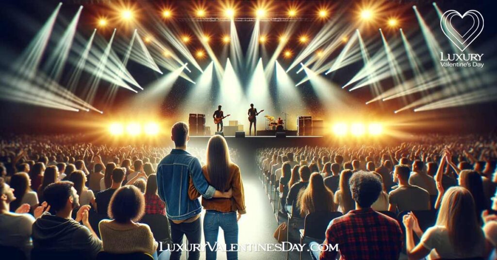 Entertainment Indoor Date Ideas: Couple enjoying a live band performance at a vibrant indoor concert | Luxury Valentine's Day