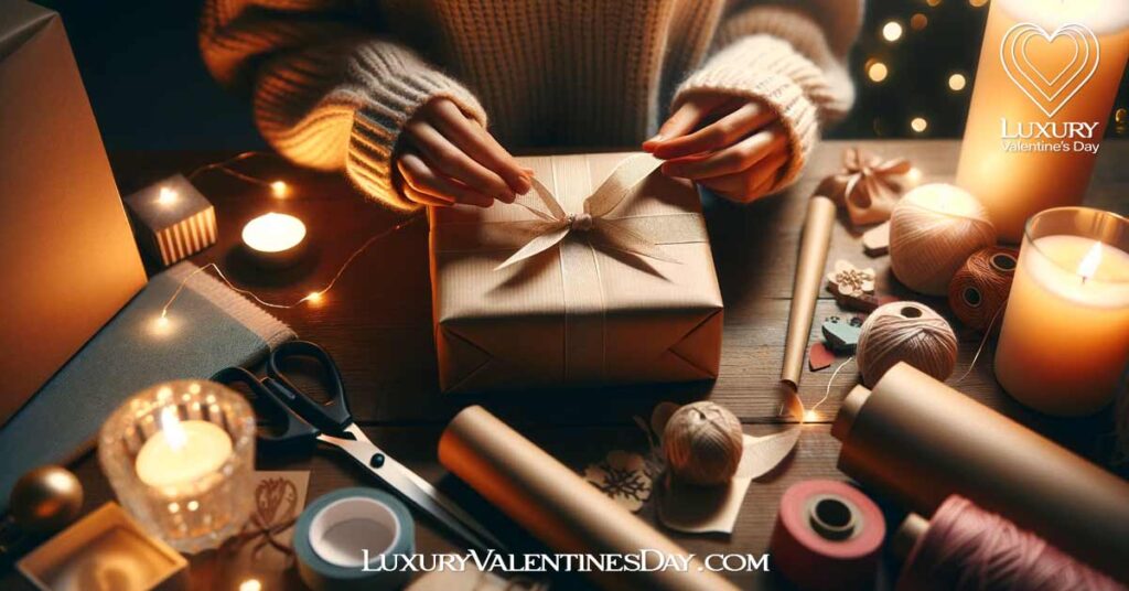 Expressing Affection Through Gifts: Person wrapping a gift with care and personal touches | Luxury Valentine's Day