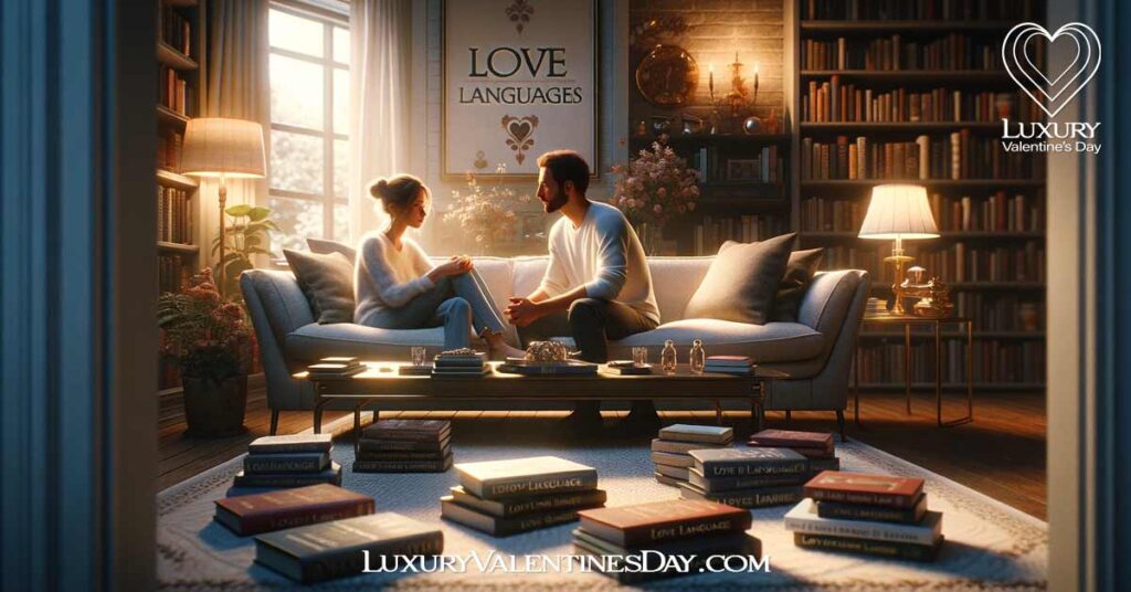 Expressing Love Language Needs: Heartfelt discussion on couch with love language books. | Luxury Valentine's Day