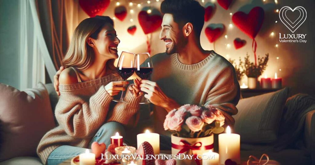 FAQs Creative Valentines Day Date Ideas: Couple celebrating Valentine's Day with a wine toast | Luxury Valentine's Day