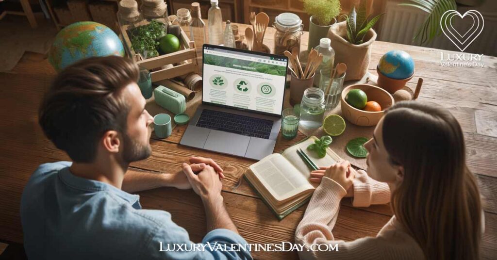 FAQs Eco-Friendly Date Ideas: Couple discussing sustainable living with eco-friendly products | Luxury Valentine's Day