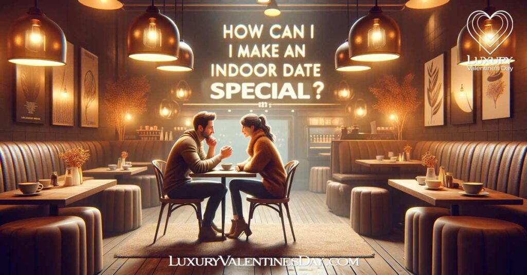 FAQs For Indoor Ideas for Dates: Couple having a deep conversation in a cozy coffee shop, illustrating a special indoor date. | Luxury Valentine's Day