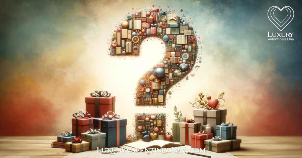FAQs Giving Gifts Love Language: Question mark made of various small gifts | Luxury Valentine's Day