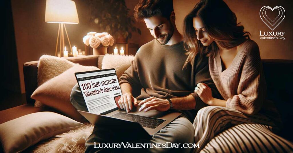 FAQs Last Minute Date Ideas: Couple browsing last-minute Valentine's date ideas on a laptop. | Luxury Valentine's Day