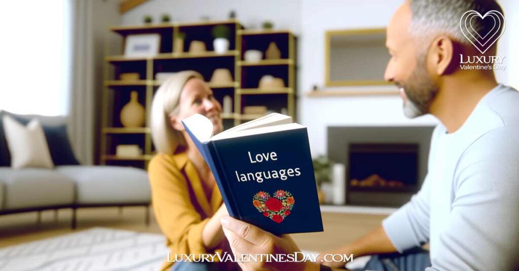 FAQs My Love Language is Physical Touch: Couple exploring a 'love languages' book together in their living room. | Luxury Valentine's Day