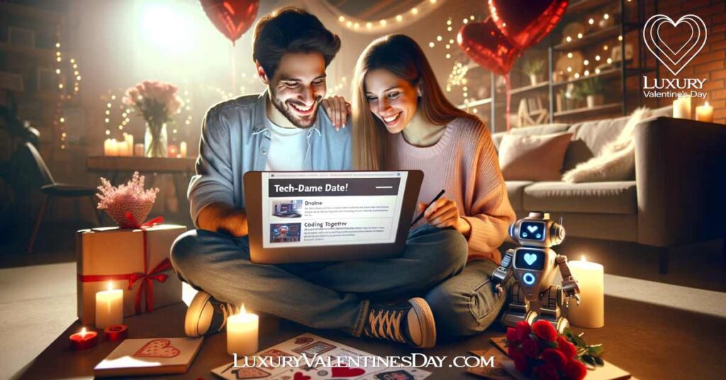 FAQs Tech Themed Date Ideas: Couple planning a tech-themed Valentine's Day, researching ideas on a laptop. | Luxury Valentine's Day
