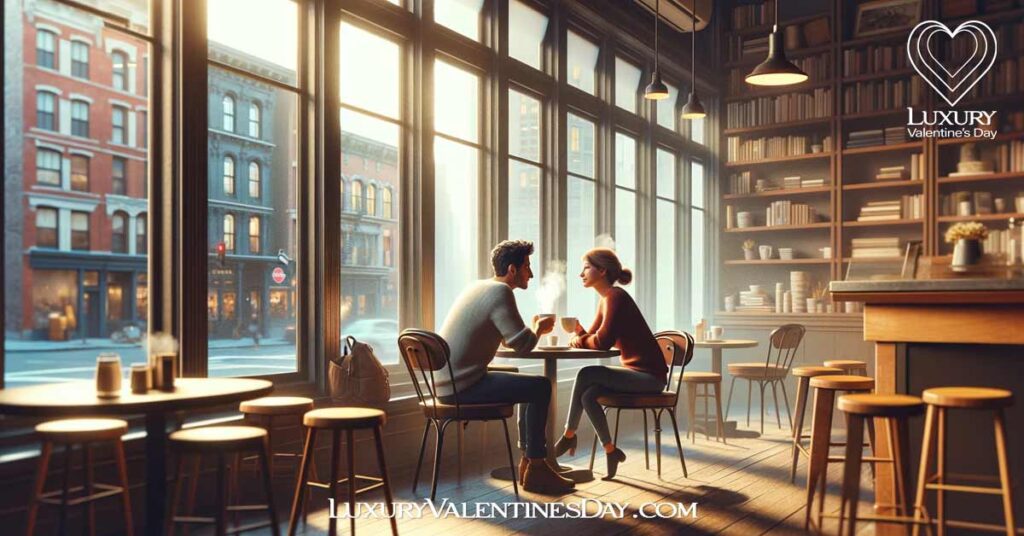 First Date Ideas Indoors: Couple enjoying a cozy conversation over coffee in a warmly lit coffee shop | Luxury Valentine's Day