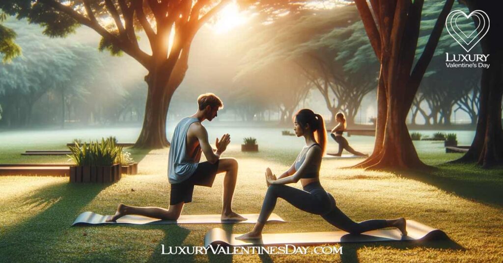 Fitness and-Wellness Valentine Date Ideas: Couple participating in an outdoor yoga session at sunrise in a peaceful park | Luxury Valentine's Day