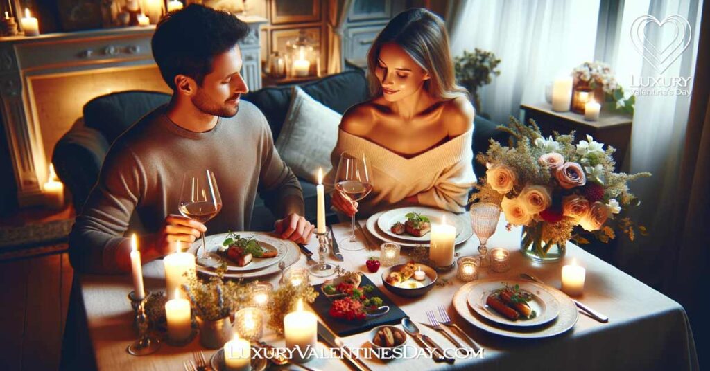 Food and Drink Valentine's Day Date Ideas: Couple enjoying a romantic candlelit dinner at home with gourmet dishes | Luxury Valentine's Day