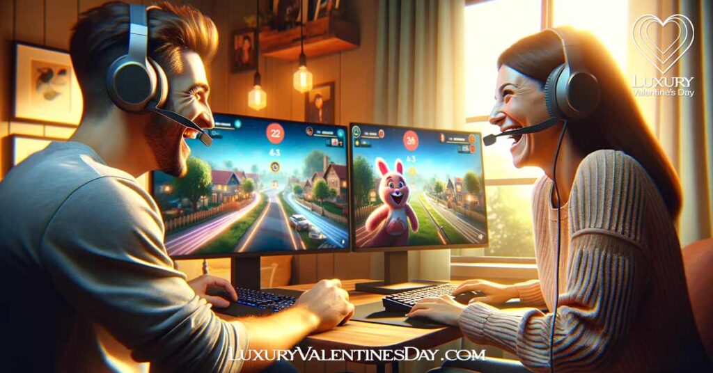 Fun Long Distance Date Ideas: Two people sharing a laugh on a virtual gaming date, with colorful game graphics on their screens. | Luxury Valentine's Day