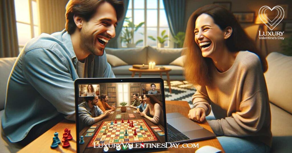 Fun Long Distance Relationship Games: Couple laughing and playing an online board game together via video call | Luxury Valentine's Day