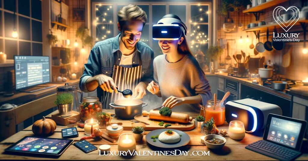 Gadget Galore Night Date Ideas: Couple preparing a meal with smart cooking gadgets, enjoying a tech-themed date night | Luxury Valentine's Day