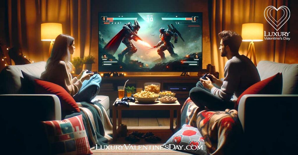 Date Ideas for Gamers: Couple enjoys a cozy console gaming tournament night, focusing on a large TV | Luxury Valentine's Day