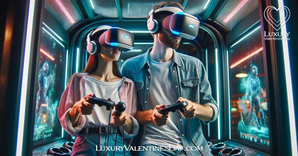 Gaming and Technology Indoor Date Ideas: Couple immersed in a virtual reality game at an arcade, surrounded by neon lights | Luxury Valentine's Day