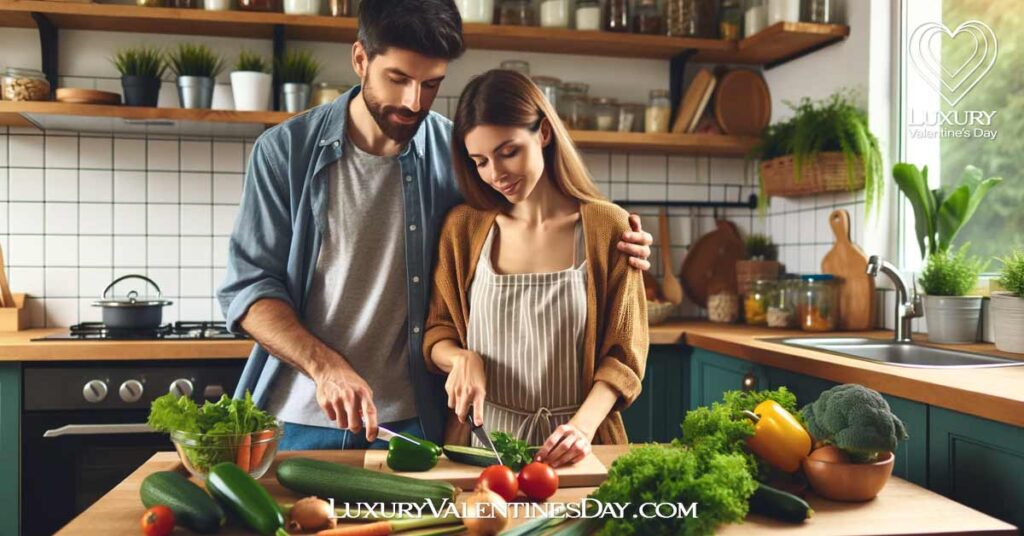 Home Based Eco Friendly Date Ideas: Couple cooking a plant-based meal with organic produce in an eco-friendly kitchen | Luxury Valentine's Day