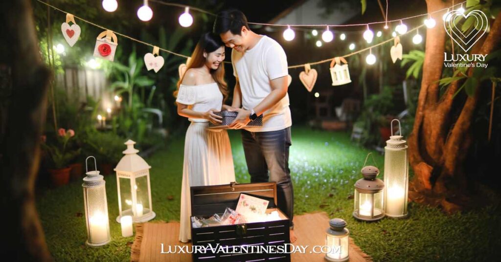 Home Based Treasure Hunt Date Night Ideas: Couple discovering final treasure in a magical backyard setting. | Luxury Valentine's Day