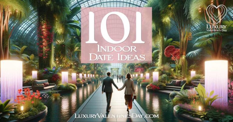 Indoor Date Ideas: Couple strolling hand in hand in an indoor botanical garden, surrounded by lush plants and flowers | Luxury Valentine's Day