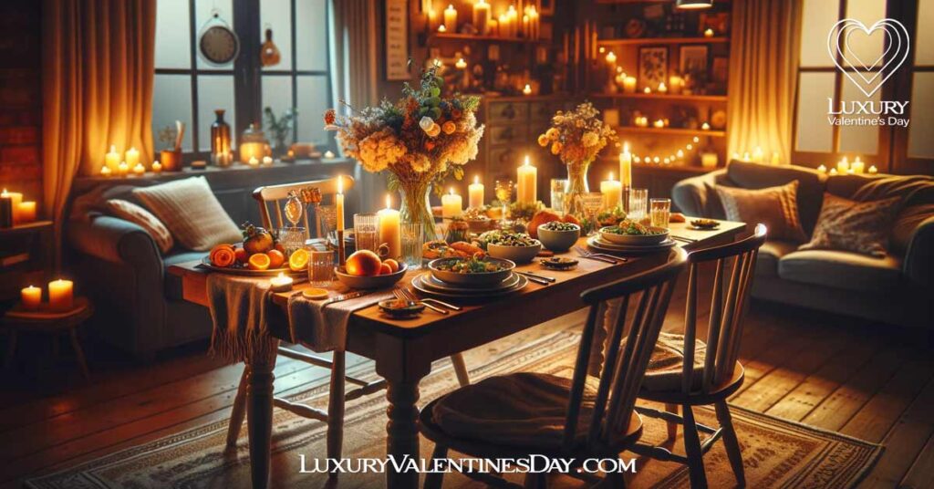 Last Minuite Date Ideas for Home: Cozy dinner date at home with candles and a homemade meal. | Luxury Valentine's Day