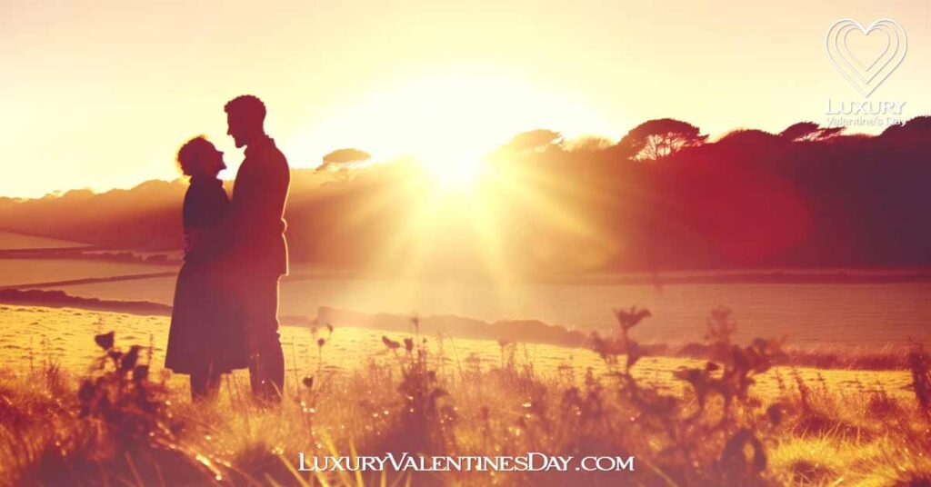 Last Minute Date Ideas Conclusion: Couple embracing in a field at sunset, symbolizing love and spontaneity. | Luxury Valentine's Day