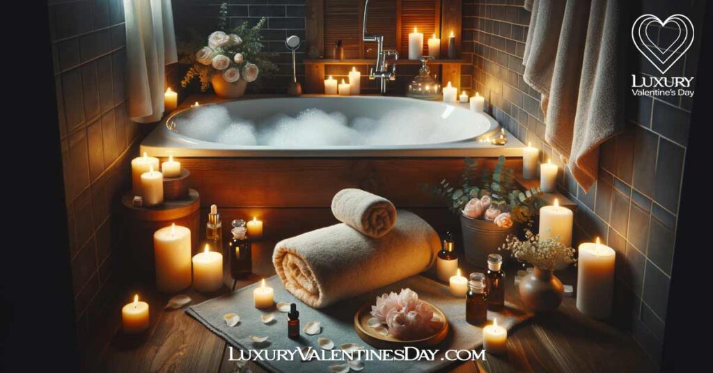 Last Minute Date-Ideas DIY Spa Night at Home: Tranquil DIY spa setup in a home bathroom with candles and bubbles. | Luxury Valentine's Day