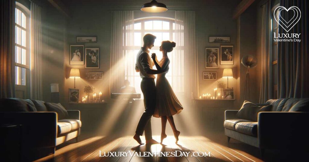 Last Minute-Date Ideas Recreating Your Most Romantic Moment: Couple recreating their first dance in their living room. | Luxury Valentine's Day
