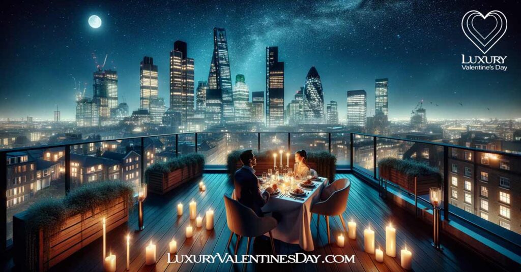 Last Minute Date Ideas for City Experience: Couple enjoying a rooftop dinner with city skyline view at night. | Luxury Valentine's Day