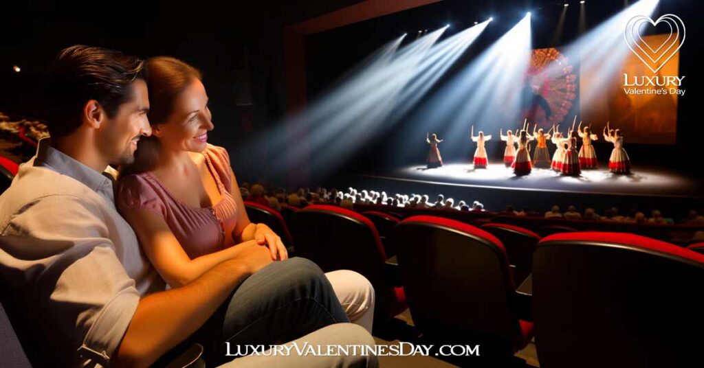 Last Minute Date Ideas for Cultural Visits: Couple enjoying a live theater performance, emotionally engaged. | Luxury Valentine's Day