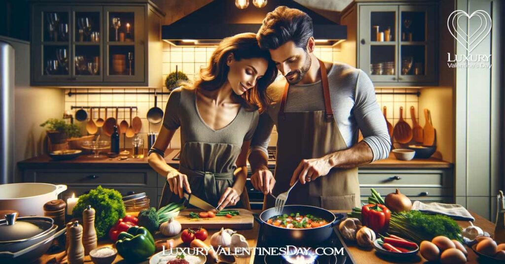 Last Minute Date Ideas for Food Lovers: Couple preparing a fancy dinner together in a modern kitchen. | Luxury Valentine's Day