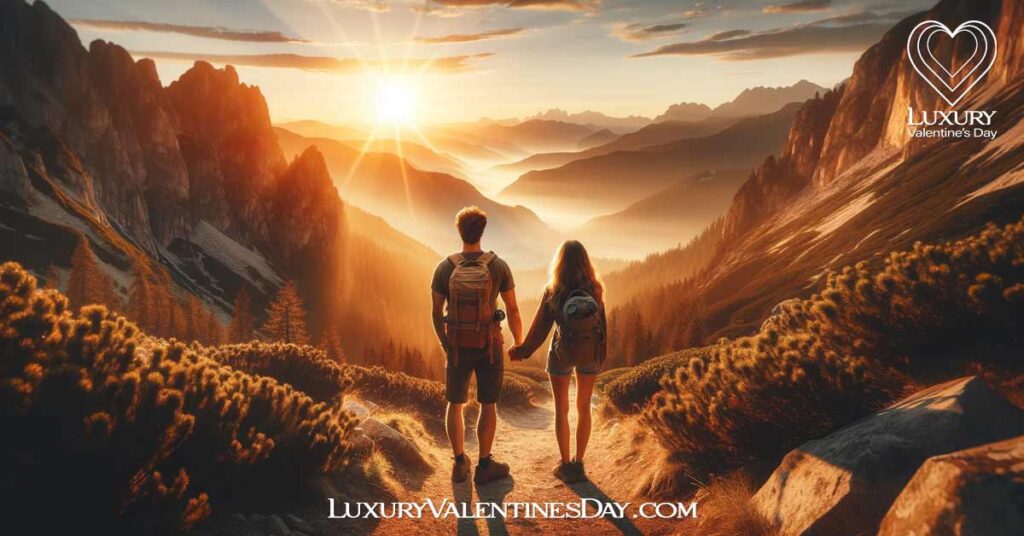 Last Minute Date Ideas for Outdoor Adventures: Couple hiking at sunrise on a mountain, holding hands. | Luxury Valentine's Day