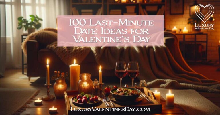Last Minute Date Ideas for Valentines: Romantic Valentine's Day dinner setup at home with candles and wine. | Luxury Valentine's Day