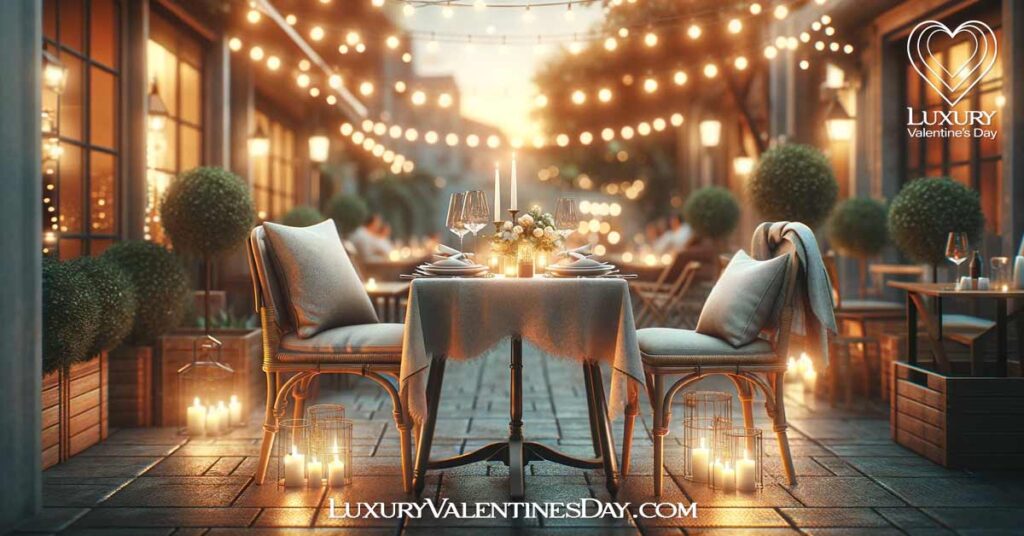Last Minute Dining Reservations: Romantic outdoor dining setup under string lights for two. | Luxury Valentine's Day