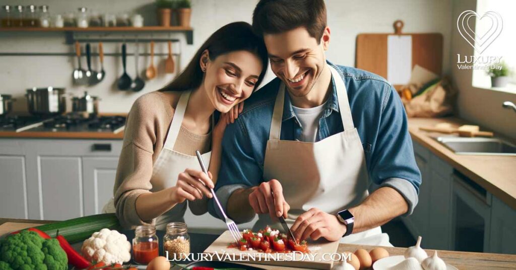 Learning and Development Valentine Date Ideas: Couple engaged in a cooking class, learning gourmet dishes together. | Luxury Valentine's Day
