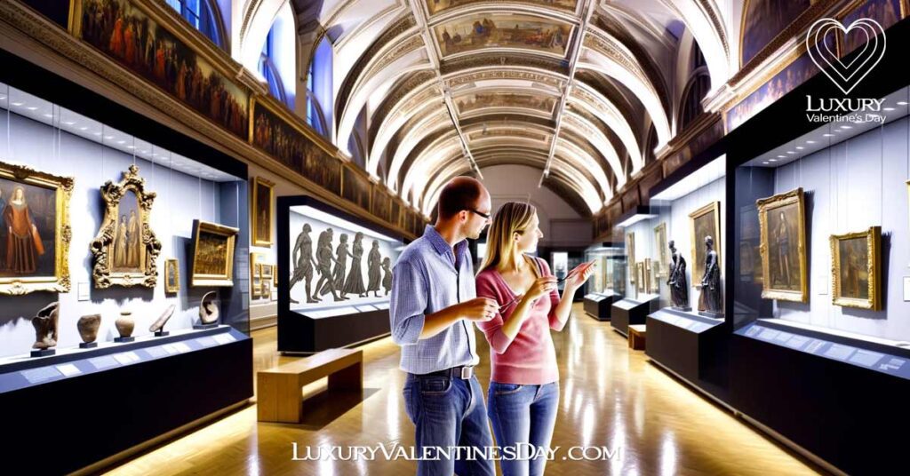 Learning and Discovery Indoor Date Ideas: Couple exploring grand museum halls at night, engaged in discovery and conversation | Luxury Valentine's Day