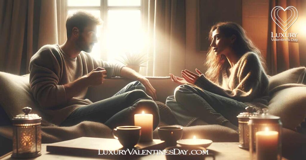 My Love Language is Physical Touch: Two people sharing a cozy moment over coffee on a couch. | Luxury Valentine's Day
