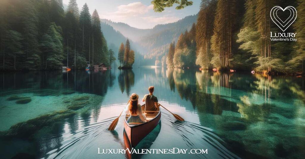 Nature and Wildlife Valentine Date Ideas: Couple on a peaceful canoe trip in a serene lake surrounded by lush forests | Luxury Valentine's Day